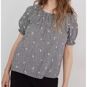 Madewell Embroidered Gingham Shirred Puff-Sleeve Top Women Size Medium Linen